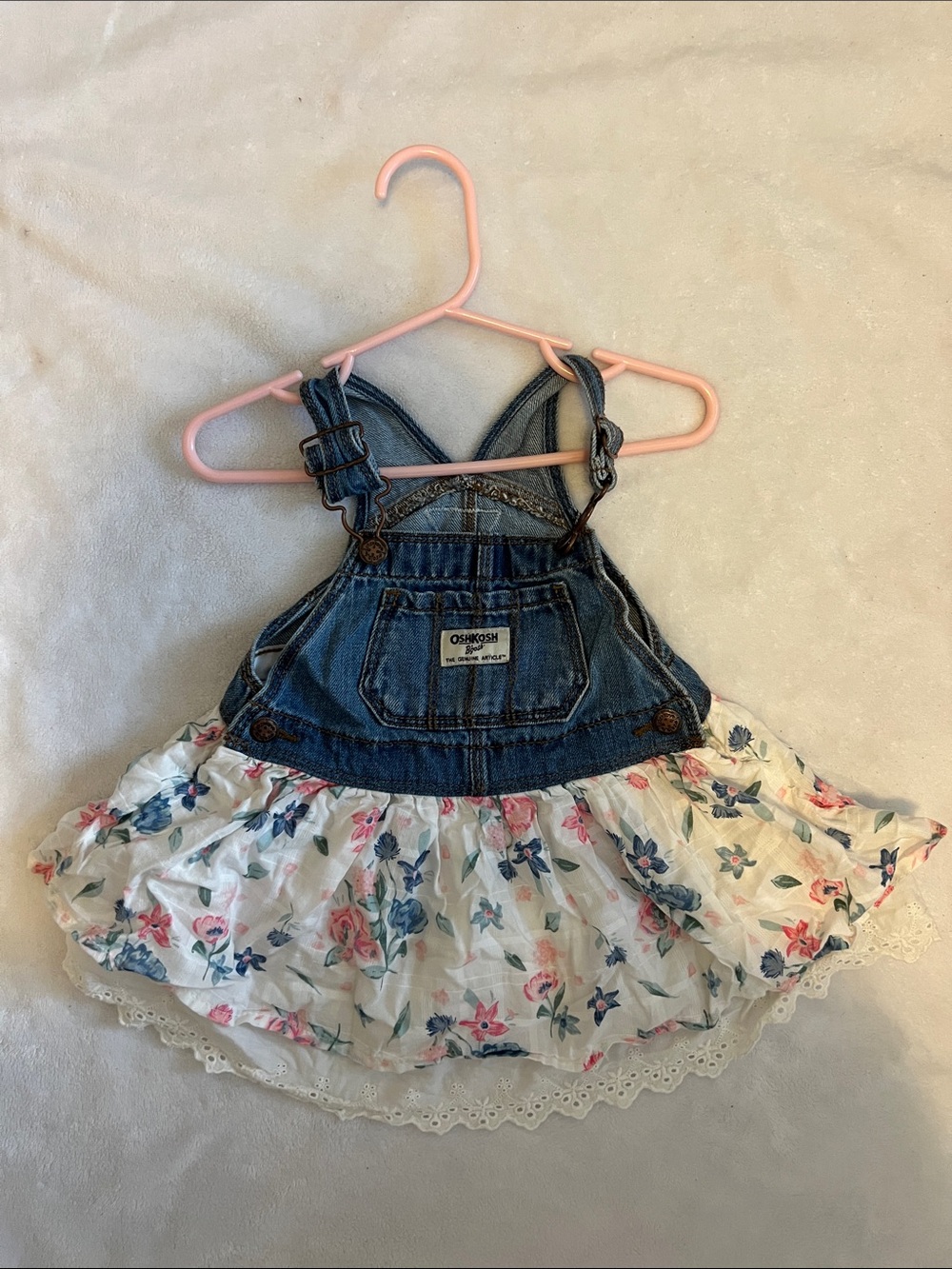 OshKosh B'gosh Denim Floral Skirt Overalls - Blue, White, Pink